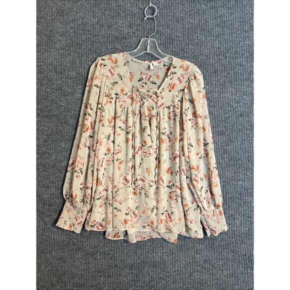 Cato Womens Blouse Size Large Pink Floral Smocked Cuffs Romantic Boho Cottage - Picture 1 of 8